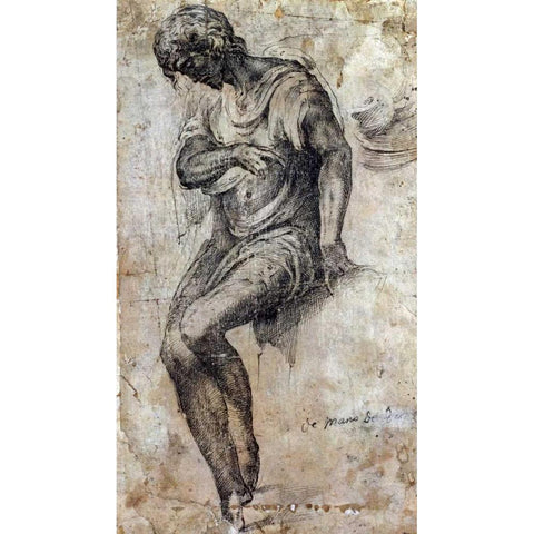 A Man Seated on a Ledge Gold Ornate Wood Framed Art Print with Double Matting by Berruguete, Alonso