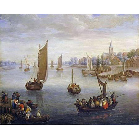 A River Landscape With Ferry Boats a Village Beyond White Modern Wood Framed Art Print by Beschey, Charles