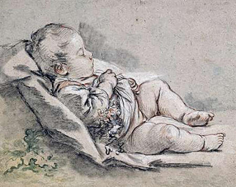 A Sleeping Baby Black Ornate Wood Framed Art Print with Double Matting by Boucher, Francois