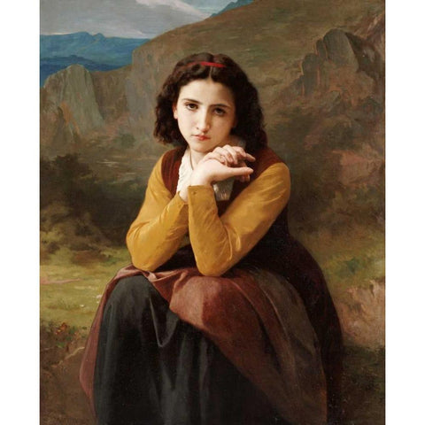 Reflective Beauty. Mignon Pensive Gold Ornate Wood Framed Art Print with Double Matting by Bouguereau, William-Adolphe