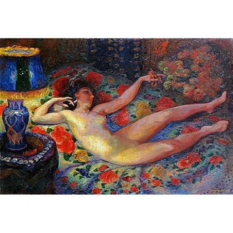 Nude With a Blue Lamp Black Modern Wood Framed Art Print with Double Matting by Bracquemond, Felix