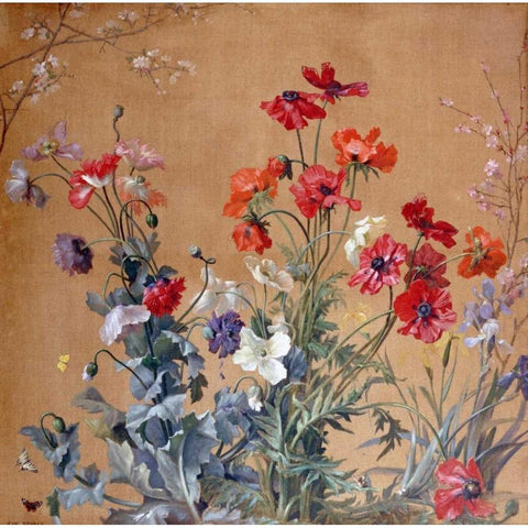 Poppies, Irises and Blossom Gold Ornate Wood Framed Art Print with Double Matting by Brenner, Jean