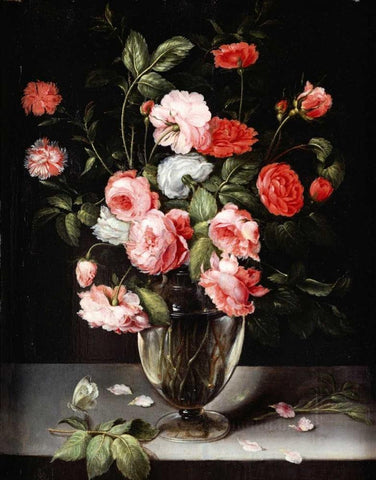 Roses and Carnations In a Glass Vase On a Stone Ledge White Modern Wood Framed Art Print with Double Matting by Brueghel, Ambrosius