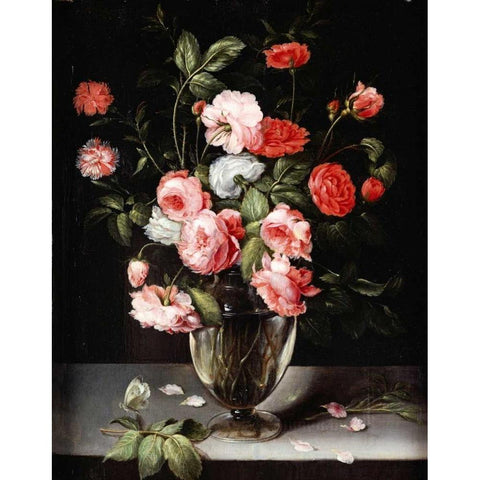 Roses and Carnations In a Glass Vase On a Stone Ledge Black Modern Wood Framed Art Print by Brueghel, Ambrosius