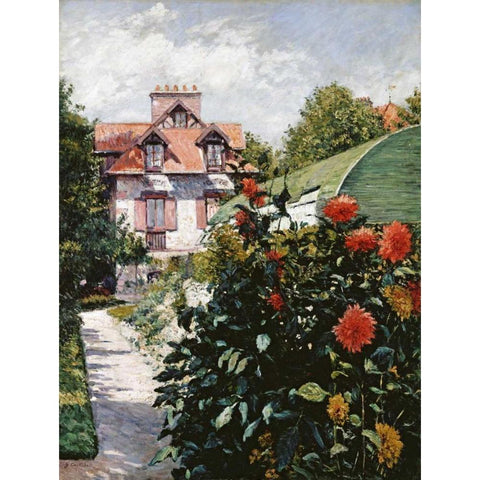 The Dahlias, Petit Gennevilliers Garden White Modern Wood Framed Art Print by Caillebotte, Gustave