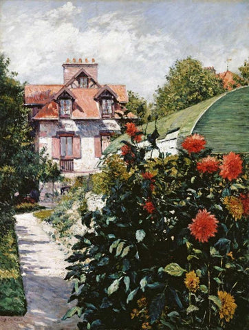 The Dahlias, Petit Gennevilliers Garden Black Ornate Wood Framed Art Print with Double Matting by Caillebotte, Gustave