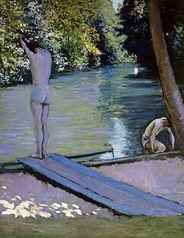 Bather About To Plunge Into The River Lyrres White Modern Wood Framed Art Print with Double Matting by Caillebotte, Gustave