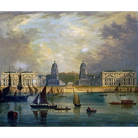 A View of Greenwich, From The River Black Modern Wood Framed Art Print with Double Matting by Calvert, Frederick