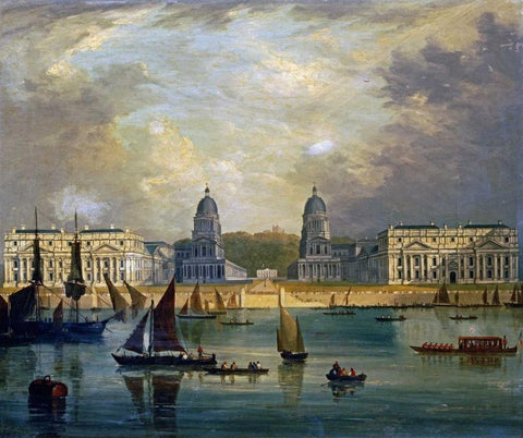 A View of Greenwich, From The River White Modern Wood Framed Art Print with Double Matting by Calvert, Frederick