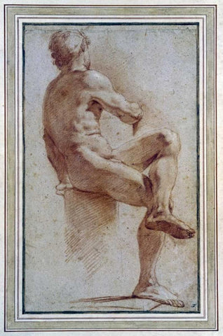 A Male Nude Seated With His Back Turned White Modern Wood Framed Art Print with Double Matting by Carracci, Annibale