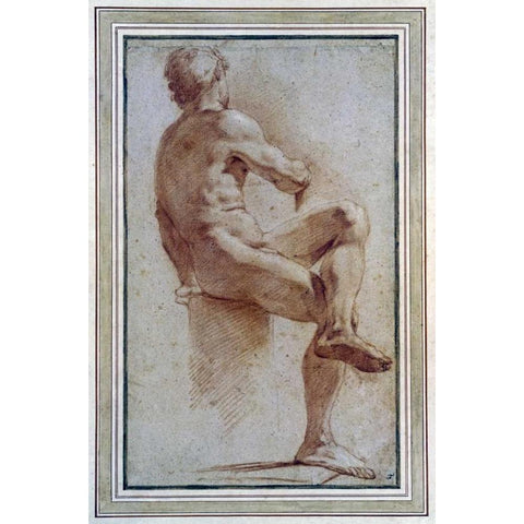 A Male Nude Seated With His Back Turned White Modern Wood Framed Art Print by Carracci, Annibale