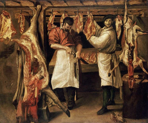 The Butchers Shop White Modern Wood Framed Art Print with Double Matting by Carracci, Annibale