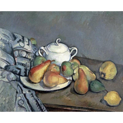 Sugar Bowl, Pears and Curtain Black Modern Wood Framed Art Print by Cezanne, Paul