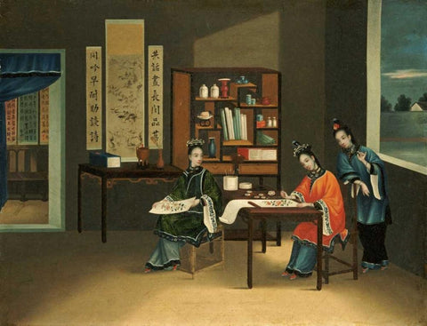 An Interior With a Woman Painting Flowers Black Ornate Wood Framed Art Print with Double Matting by Chinese School