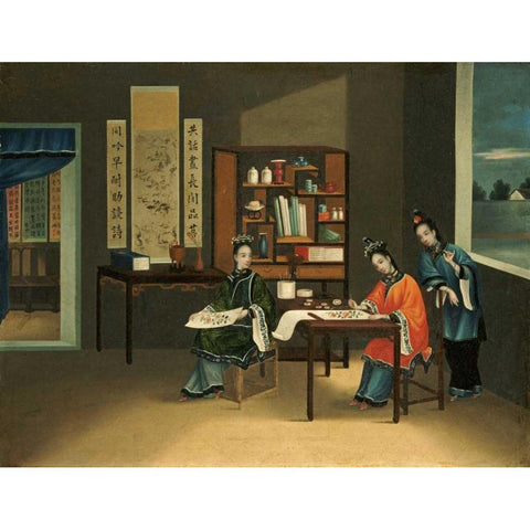 An Interior With a Woman Painting Flowers Black Modern Wood Framed Art Print by Chinese School