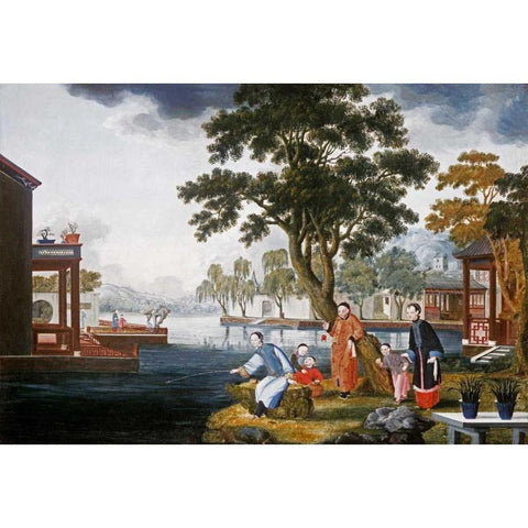 Summer: a Family Fishing By a Lake Black Modern Wood Framed Art Print with Double Matting by Chinese School