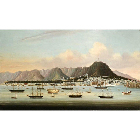 A View of Victoria, Hong Kong, With The Hulk H.M.S Princess Charlotte Black Modern Wood Framed Art Print with Double Matting by Chinese School