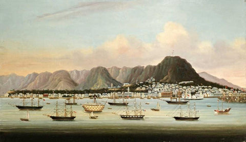 A View of Victoria, Hong Kong, With The Hulk H.M.S Princess Charlotte White Modern Wood Framed Art Print with Double Matting by Chinese School