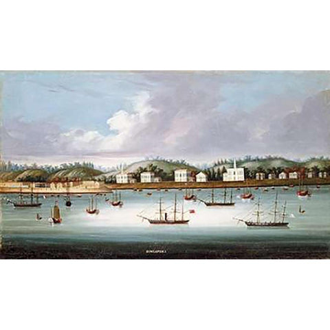 A View of Singapore From The Roads Gold Ornate Wood Framed Art Print with Double Matting by Chinese School