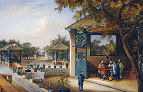 Chinese Ladies Playing Mahjong In The Pavilion of a House White Modern Wood Framed Art Print with Double Matting by Chinese School