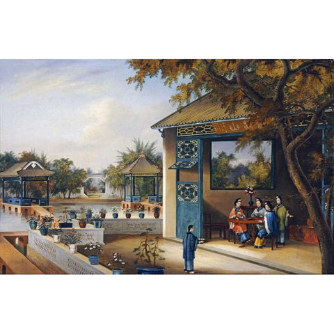 Chinese Ladies Playing Mahjong In The Pavilion of a House Black Modern Wood Framed Art Print with Double Matting by Chinese School