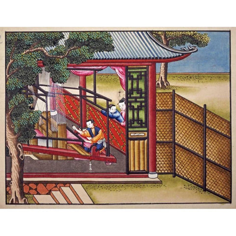 Weaving Silk On a Loom Gold Ornate Wood Framed Art Print with Double Matting by Chinese School