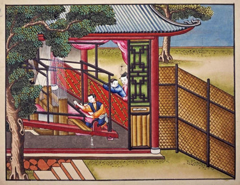 Weaving Silk On a Loom Black Ornate Wood Framed Art Print with Double Matting by Chinese School