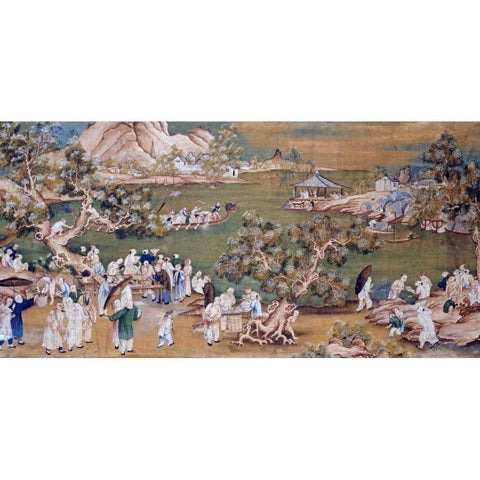 A Lake Scene With Figures Celebrating a Festival Black Modern Wood Framed Art Print by Chinese School