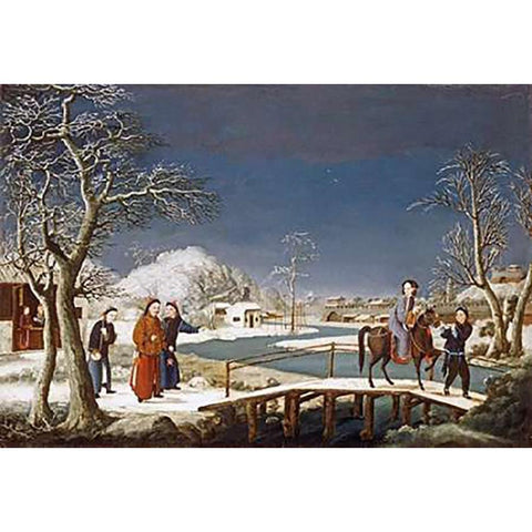 Winter: a Frozen River Landscape White Modern Wood Framed Art Print by Chinese School