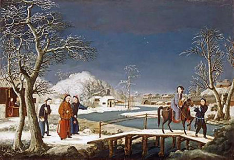 Winter: a Frozen River Landscape Black Ornate Wood Framed Art Print with Double Matting by Chinese School