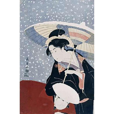 A Manservant Clearing The Geta of a Beauty On a Winters Day Gold Ornate Wood Framed Art Print with Double Matting by Choki, Eishosai