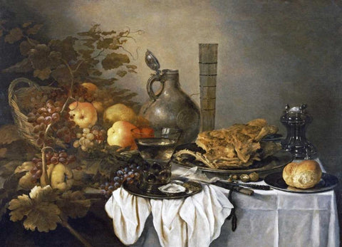 A Still Life With a Roemer, Oysters, a Roll and Meat White Modern Wood Framed Art Print with Double Matting by Claesz, Pieter