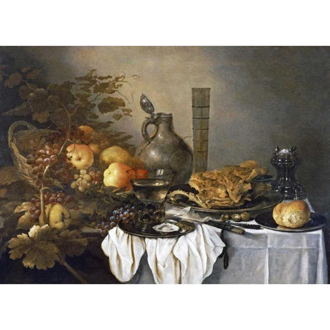 A Still Life With a Roemer, Oysters, a Roll and Meat Black Modern Wood Framed Art Print with Double Matting by Claesz, Pieter