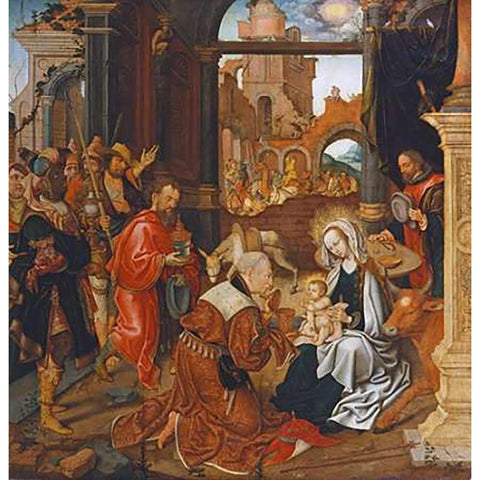 Adoration of The Kings White Modern Wood Framed Art Print by Cornelisz, Jakob Van Amsterdam