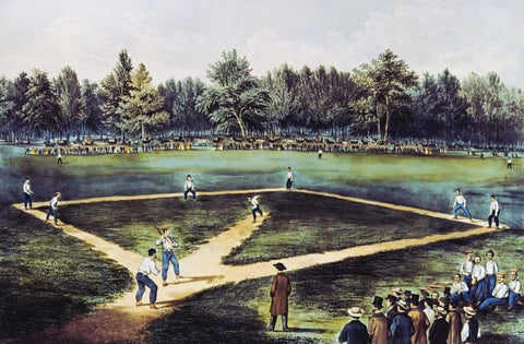 The American National Game of Baseball at The Elysian Fields White Modern Wood Framed Art Print with Double Matting by Currier and Ives