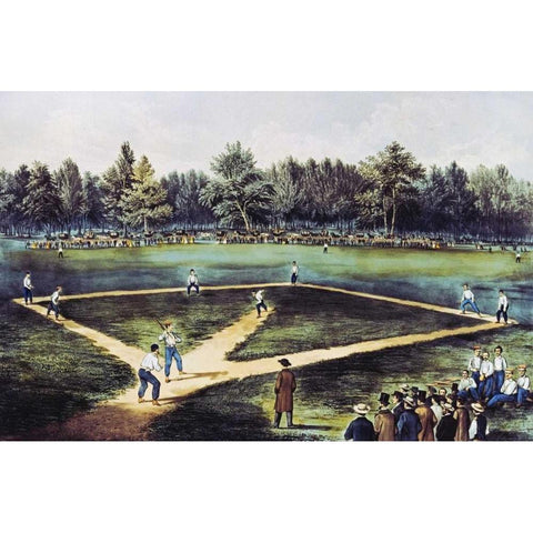 The American National Game of Baseball at The Elysian Fields Gold Ornate Wood Framed Art Print with Double Matting by Currier and Ives