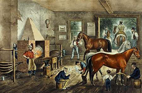 Trotting Cracks at The Forge Black Ornate Wood Framed Art Print with Double Matting by Ives, Currier and