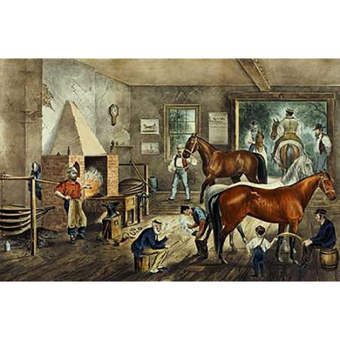 Trotting Cracks at The Forge Gold Ornate Wood Framed Art Print with Double Matting by Ives, Currier and