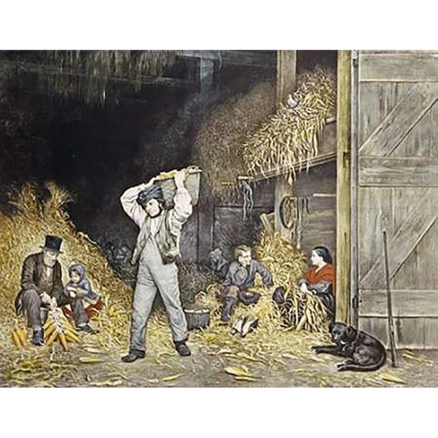 Husking Black Modern Wood Framed Art Print with Double Matting by Ives, Currier and