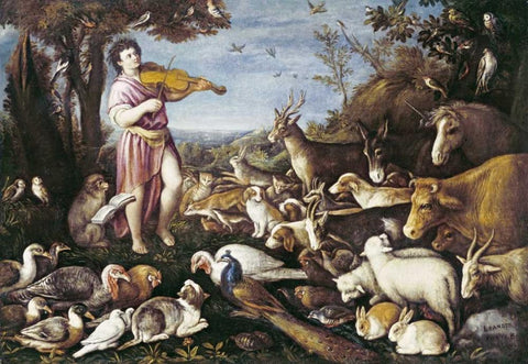 Orpheus Charming The Animals White Modern Wood Framed Art Print with Double Matting by Da Ponte, Leandro