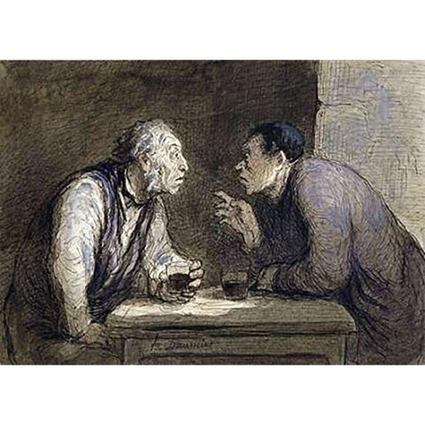 Two Drinkers Black Modern Wood Framed Art Print with Double Matting by Daumier, Honore