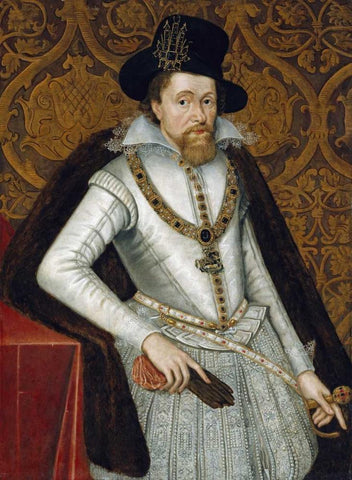 Portrait of King James VI of Scotland, James I of England Black Ornate Wood Framed Art Print with Double Matting by De Critz, John