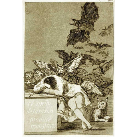 The Sleep of Reason Produces Monsters - Los Caprichios Black Modern Wood Framed Art Print with Double Matting by De Goya, Francisco