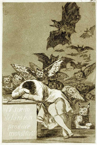The Sleep of Reason Produces Monsters - Los Caprichios White Modern Wood Framed Art Print with Double Matting by De Goya, Francisco