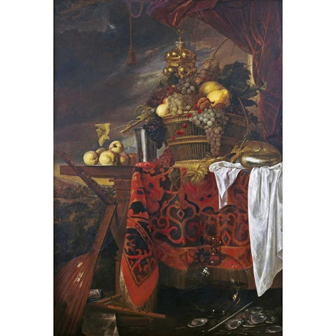 A Basket of Mixed Fruit With Gilt Cup Black Modern Wood Framed Art Print with Double Matting by De Heem, Jan Davidsz