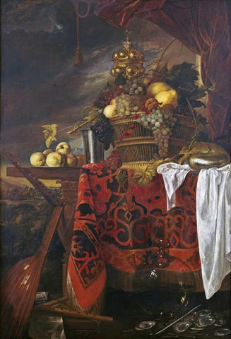 A Basket of Mixed Fruit With Gilt Cup White Modern Wood Framed Art Print with Double Matting by De Heem, Jan Davidsz