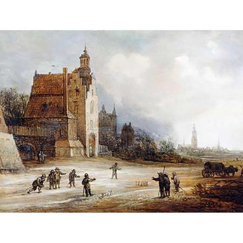 Soldiers Playing Skittles On a Road White Modern Wood Framed Art Print by De Momper, Frans