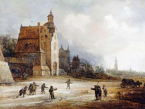 Soldiers Playing Skittles On a Road White Modern Wood Framed Art Print with Double Matting by De Momper, Frans