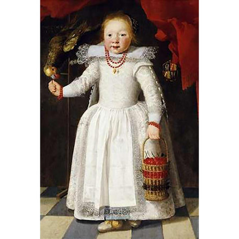 A Young Girl Holding a Basket of Cherries White Modern Wood Framed Art Print by Vos, Cornelis De