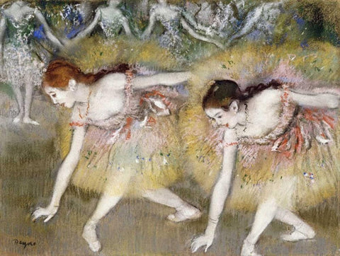 Dancers Bending Down Black Ornate Wood Framed Art Print with Double Matting by Degas, Edgar